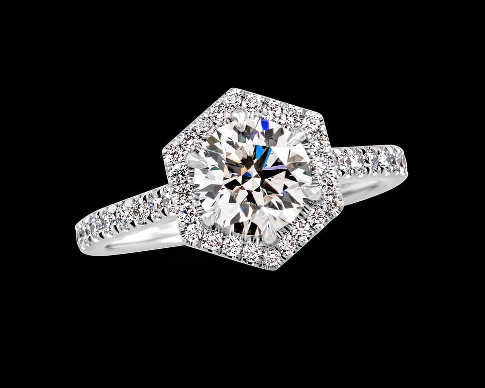 Hexagonal Halo Ring with Round Center Stone