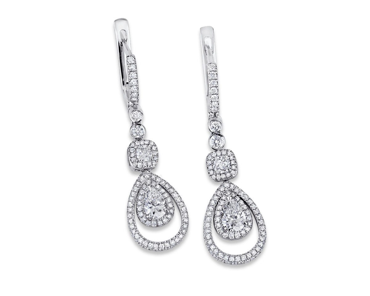 Pear Shaped Double Halo Dangling Earrings