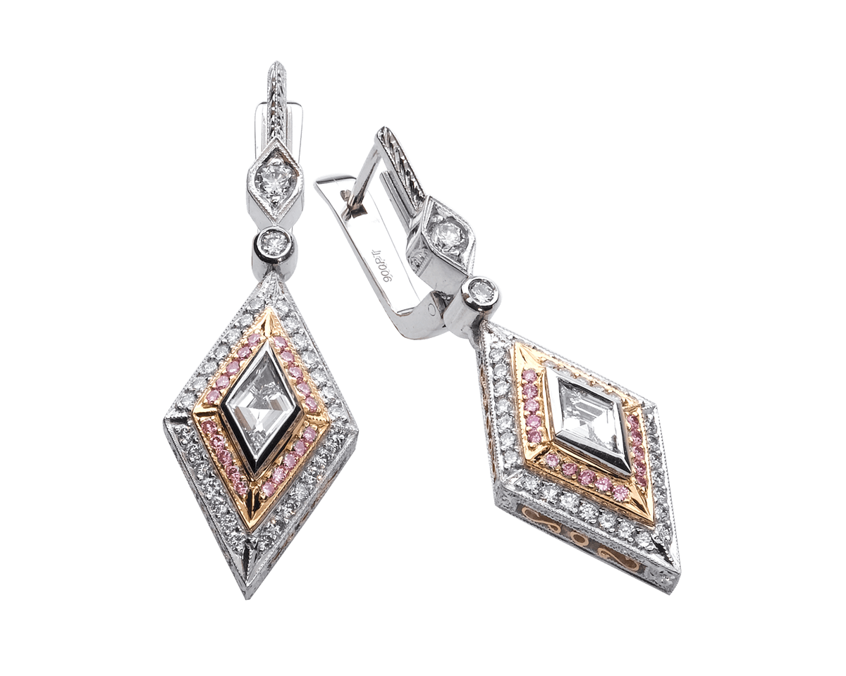 Diamond Shaped Dangle Earrings with Pink Diamonds