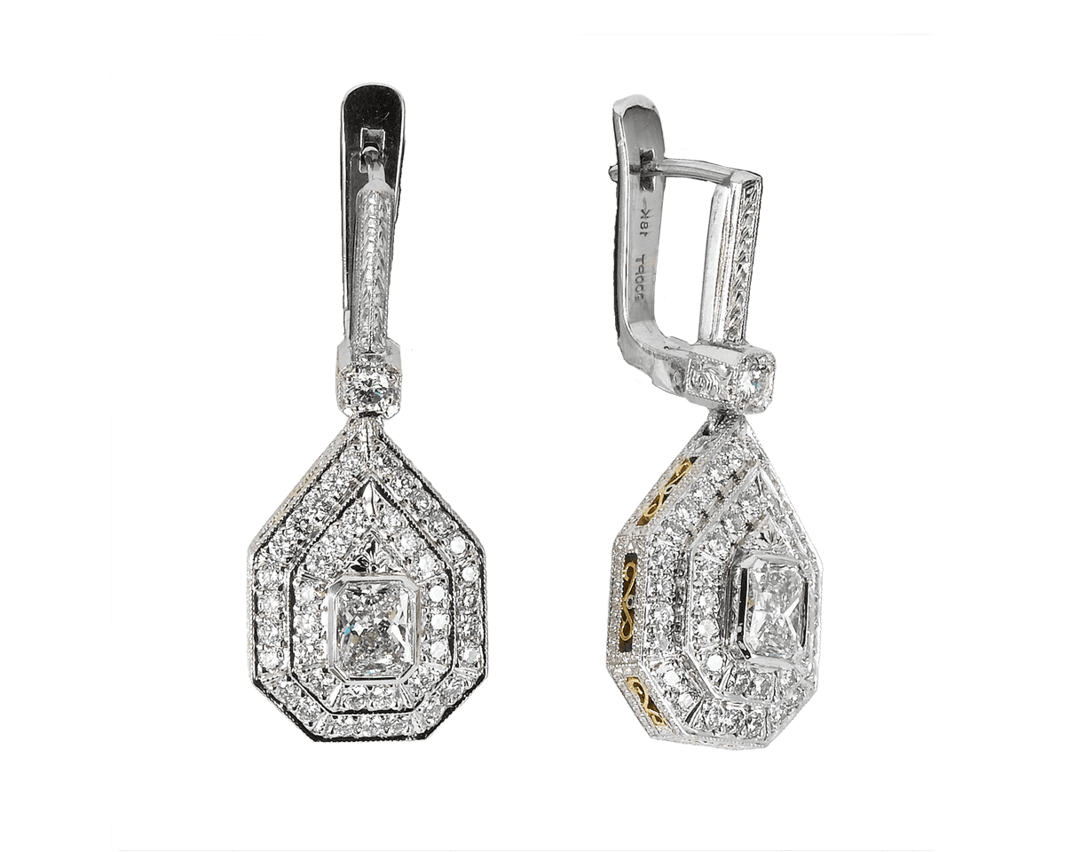 Radiant Dangle Earrings in Double Halo