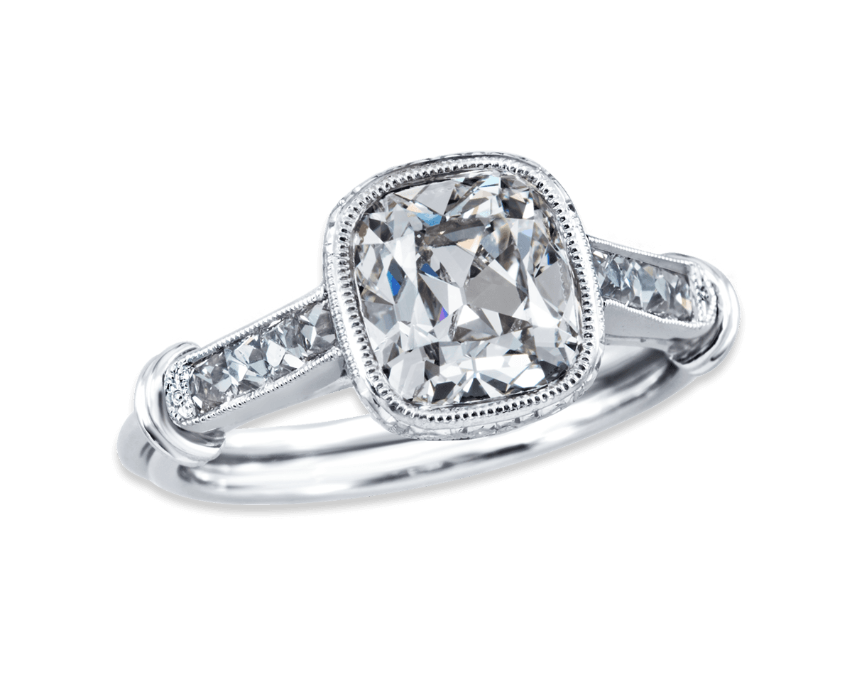 Bezel Set Antique Cushion Solitaire w French Cut Accents