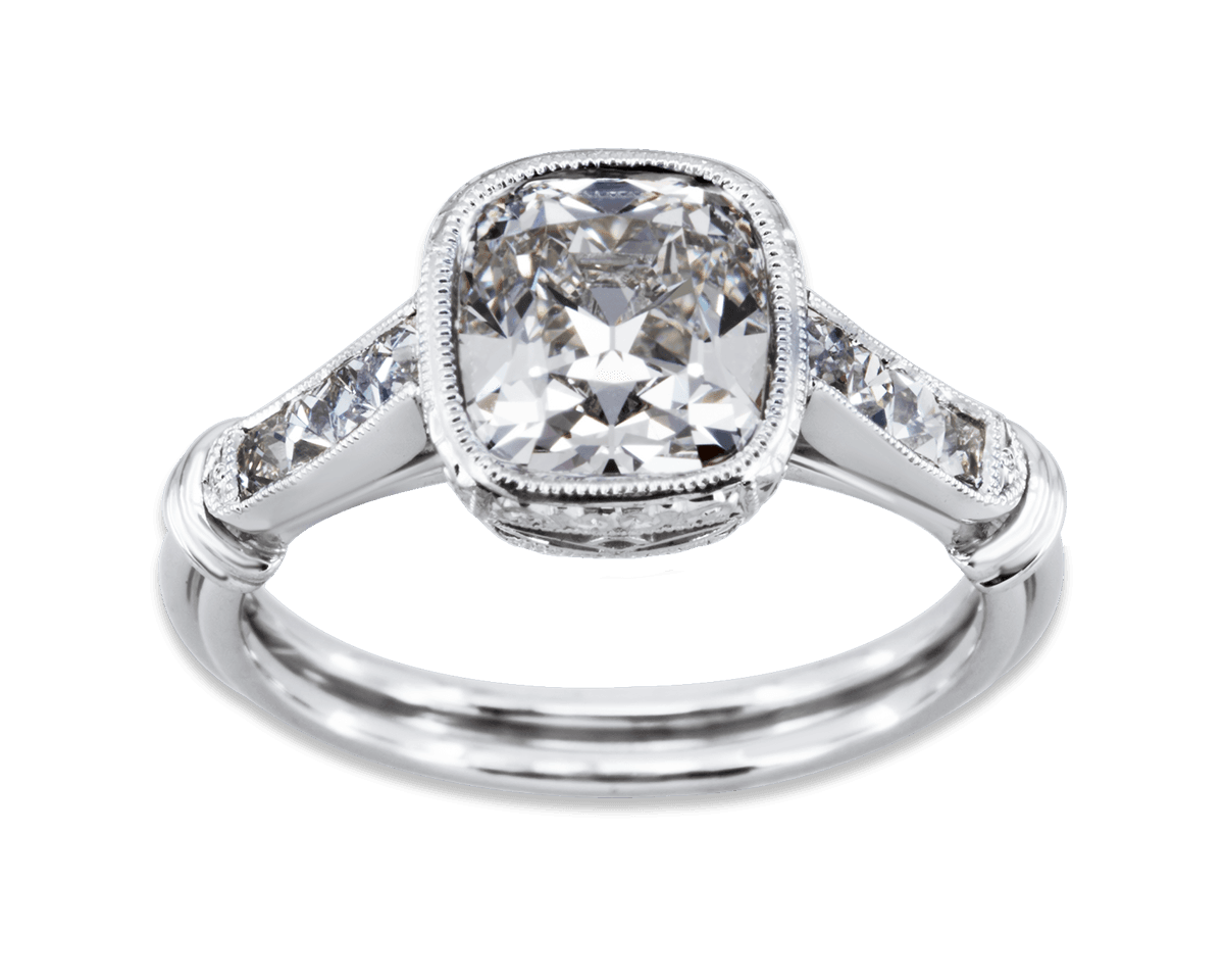 Bezel Set Antique Cushion Solitaire w French Cut Accents