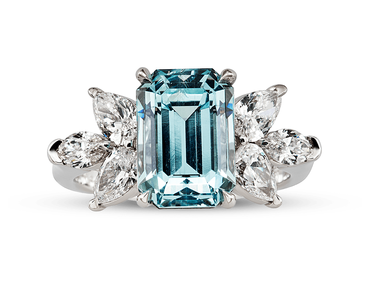 Emerald Cut with Mixed Side Stone Floral Ring