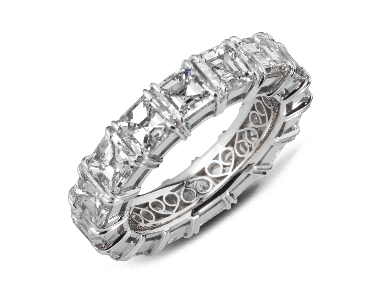 Asscher Shared Prong Eternity Band w Filigree