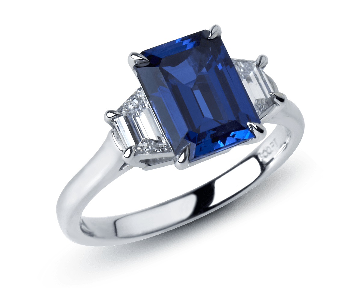 Emerald Cut Sapphire and Trapezoid Trilogy