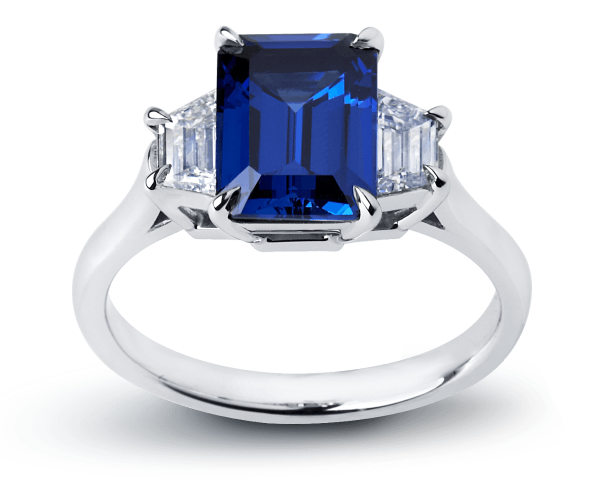 Emerald Cut Sapphire and Trapezoid Trilogy