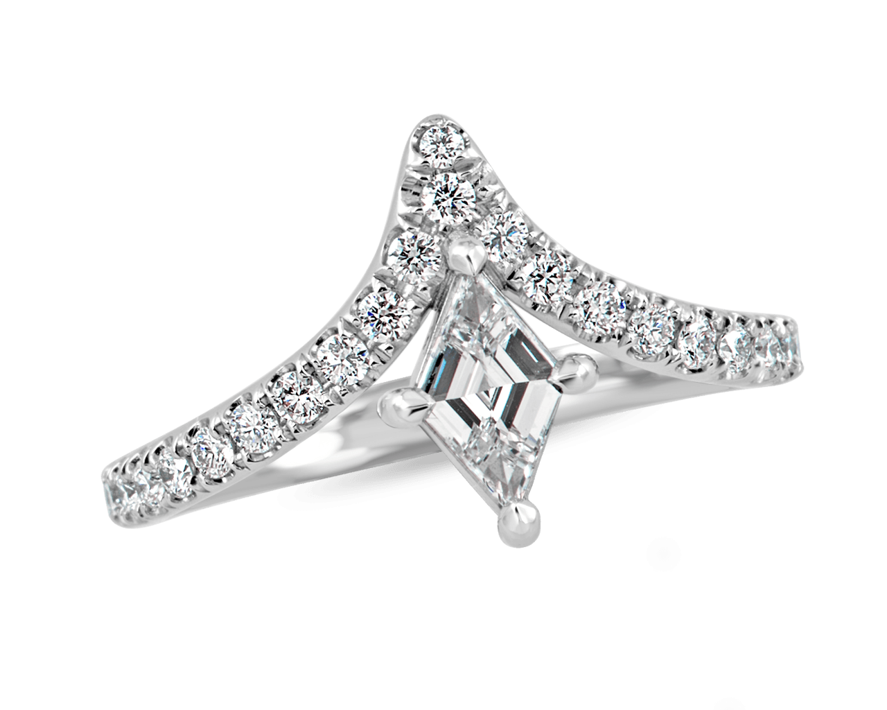Chevron shaped pave band with lozenge cut diamond