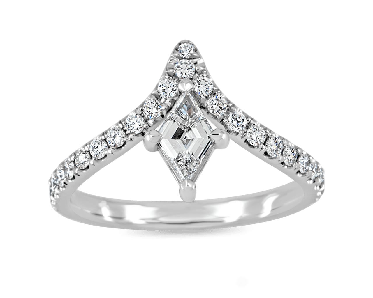Chevron shaped pave band with lozenge cut diamond