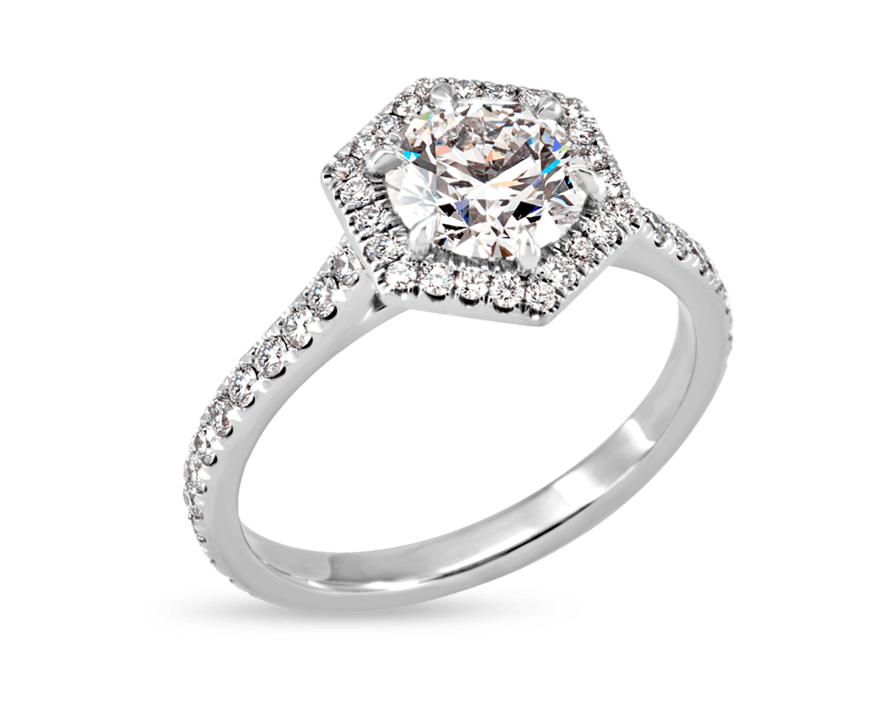 Hexagonal Halo Ring with Round Center Stone