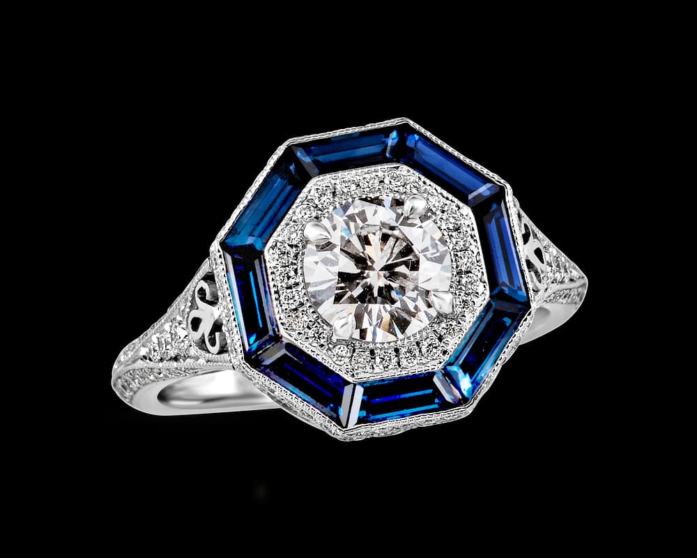 Art Deco Octagonal Double Halo with Sapphire Frame