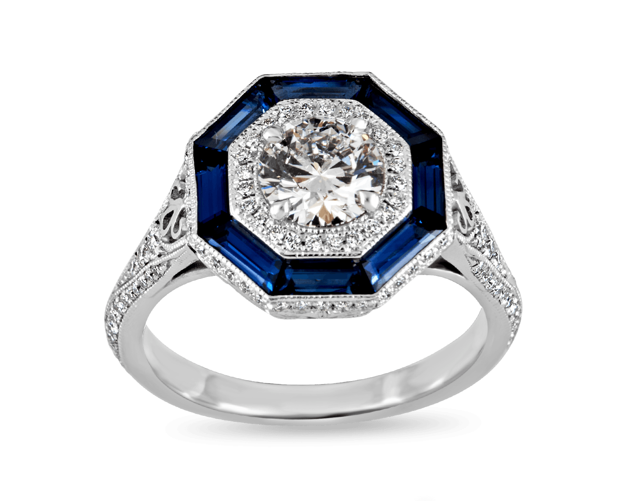 Art Deco Octagonal Double Halo with Sapphire Frame
