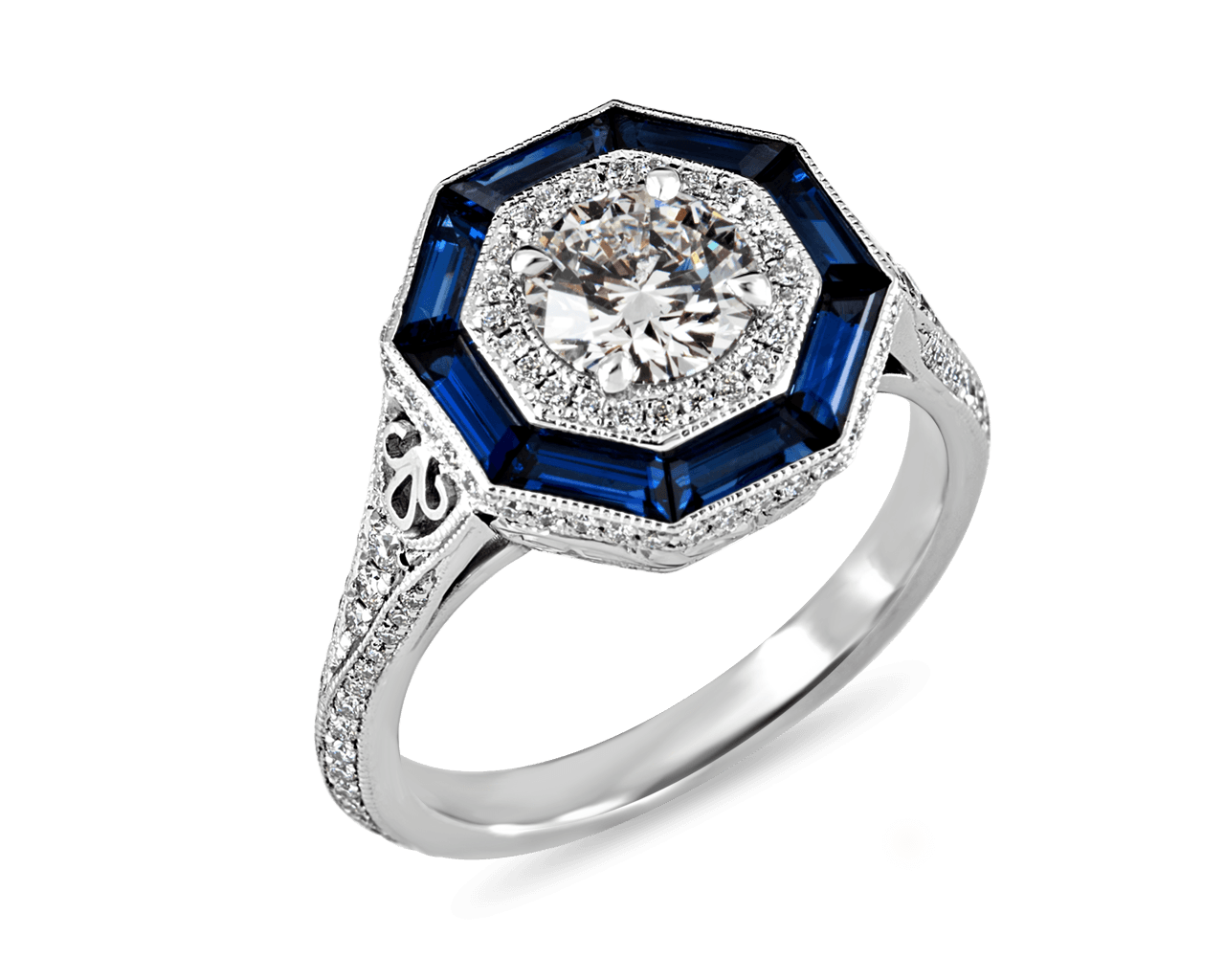 Art Deco Octagonal Double Halo with Sapphire Frame