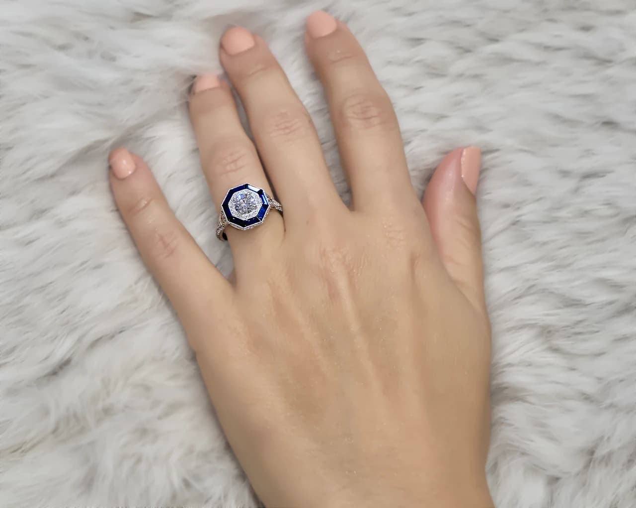 Art Deco Octagonal Double Halo with Sapphire Frame